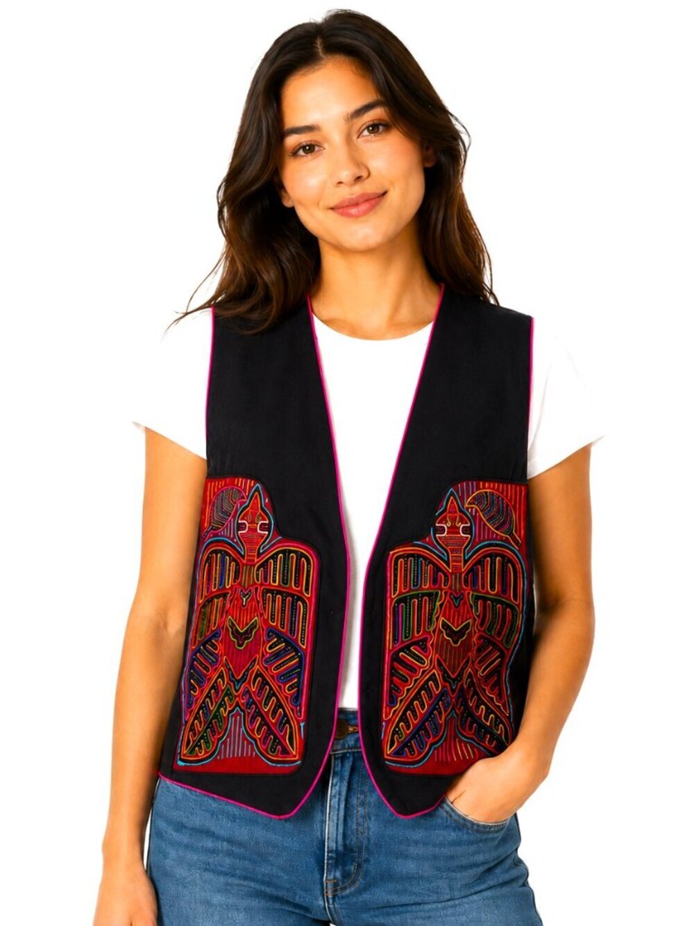 Black Multicolor Embroidered Quilted Cotton Vest